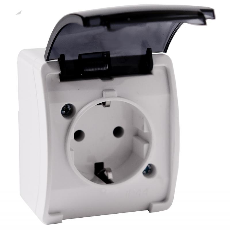 Gniazdo pojedyncze 2P+Z Schuko AQUATIC IP44 biały dymiony, 10 szt.