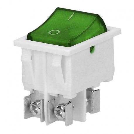Łącznik kołyskowy podświetlany, przycisk zielony, biała obudowa, 20(10)A / 250VAC