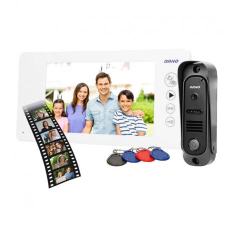 Zestaw wideodomofonowy bezsłuchawkowy, kolor, 7" LCD, pin hole, pamięć, z czytnikiem breloków zbliżeniowych, biały, ARCUS RFID