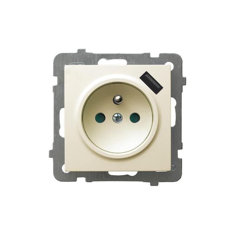 AS Ecru, Gniazdo 1-krotne Z/U z przesł. z ładowarką USB (GP-1GZPUSB/m/27) Ospel