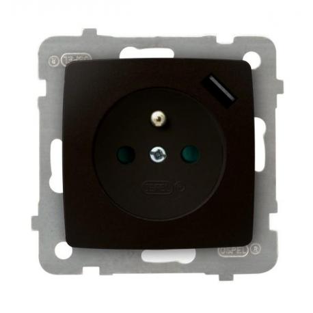 KARO Gniazdo pojedyncze z uziemieniem z przesłonami torów prądowych, z ładowarką USB GP-1SZPUSB/m/40 CZEKOLADOWY METALIK