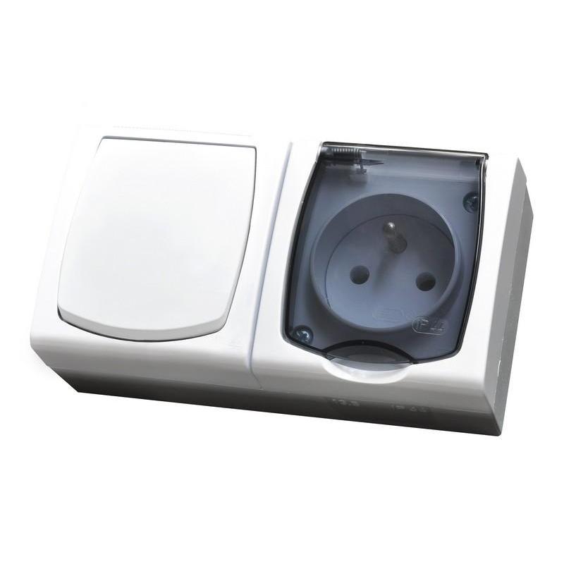 MADERA Biały, Zestaw - Łącznik 1-biegunowy + gniazdo 1-krotne Z/U IP44, wieczko przezroczyste (ZH-NŁ1G/00/d) Ospel