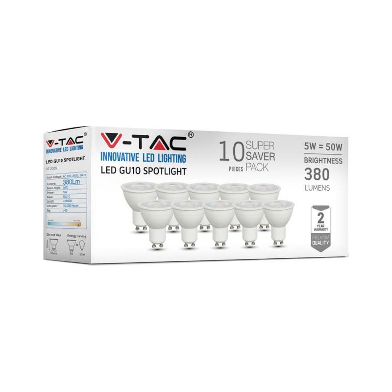 Żarówka LED V-TAC VT-2305 5W GU10 3000K 380lm A+ 38° 10szt.